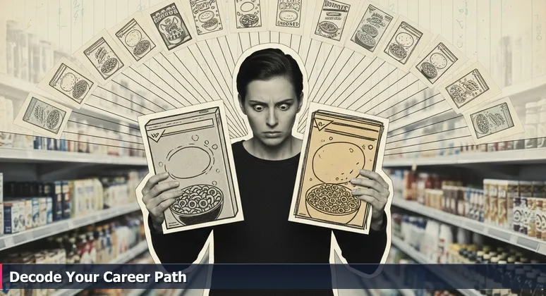A shopper in a grocery aisle comparing two cereal boxes, symbolizing the process of evaluating AI bootcamps by looking beyond marketing claims.