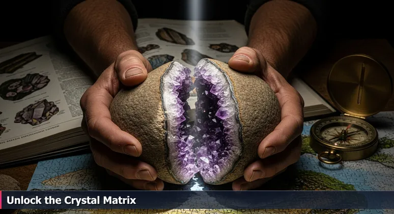A rough river rock from the Cumberland River splits open to reveal sparkling purple amethyst crystals, symbolizing the hidden cybersecurity job market in Clarksville, TN.