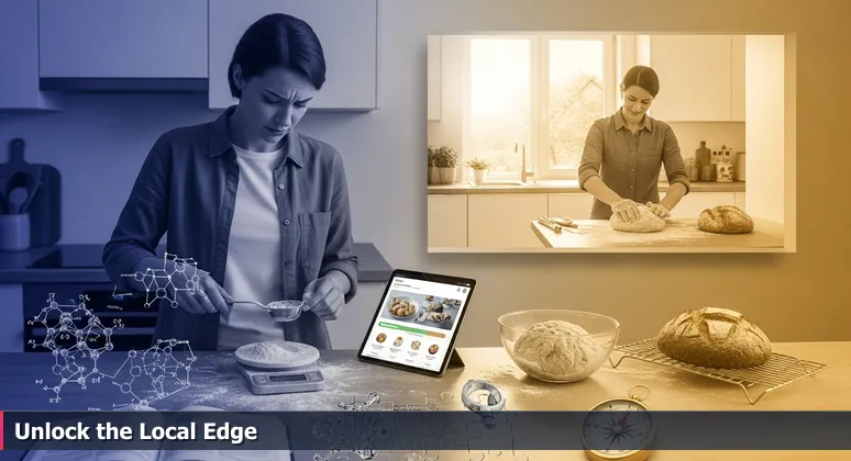 Person in kitchen measures flour with scale, dough fails, neighbor bakes successfully outside window, representing career planning in Clarksville.