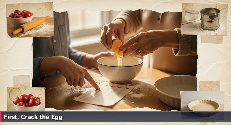 A teen and senior's hands collaborate over a handwritten apple pie recipe card on a kitchen counter, symbolizing mentorship in free tech learning.