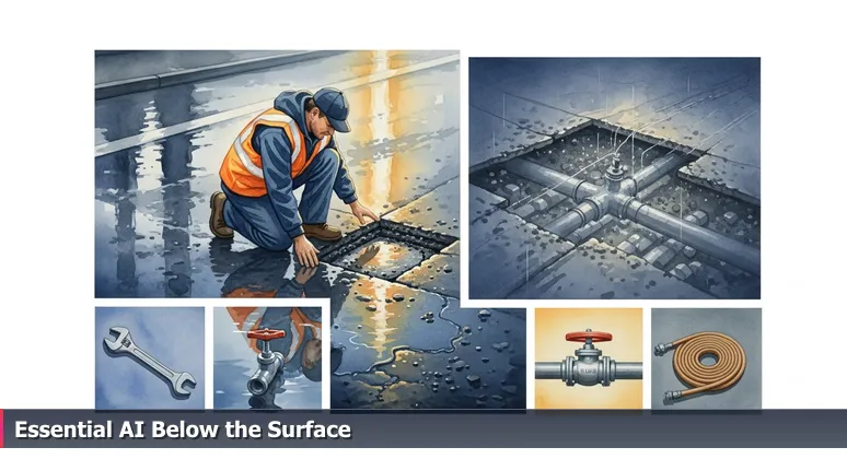 A maintenance worker at dawn on wet asphalt repairing a water main in Clarksville, symbolizing hidden AI infrastructure careers in essential local industries.