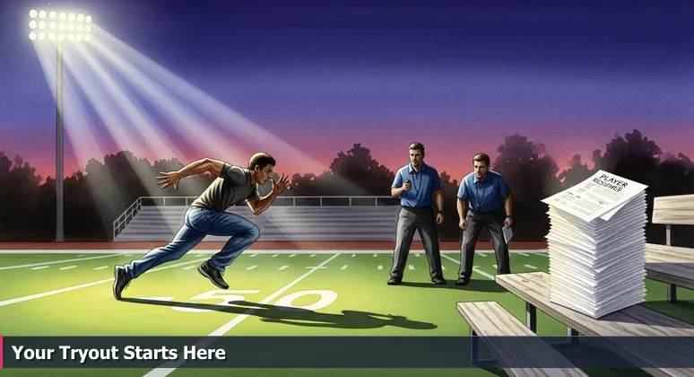 A person running a 40-yard dash on a high school football field under stadium lights, timed by coaches with stopwatches, while untouched resumes sit on bleachers, symbolizing skill-based hiring in Clarksville tech jobs.