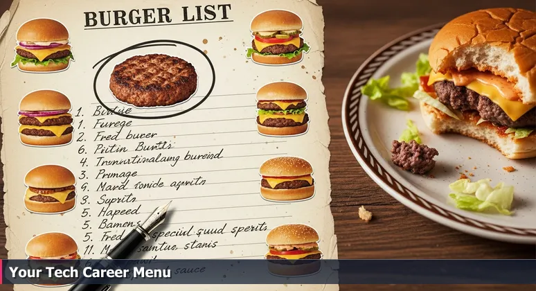 A newspaper list titled 'Top 10 Burgers in Clarksville' on a diner table, with a pen circling options and a half-eaten burger in the background, symbolizing tech career choices.