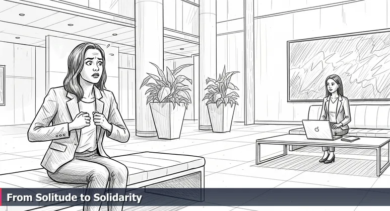 Two professional women in a sleek office lobby making eye contact, symbolizing connection and community in Clarksville's tech scene.