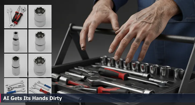 Close-up of a mechanic's weathered, greasy hands selecting a worn tool from a cluttered toolbox, symbolizing the gritty, practical AI startups in Fremont, CA.