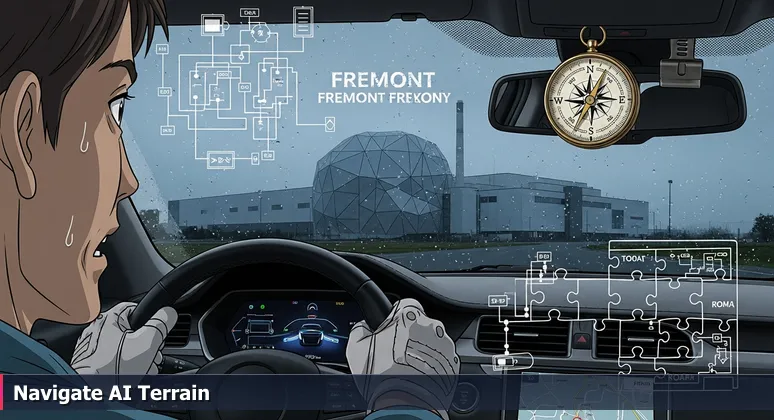 A driver's hand on a steering wheel with a GPS screen showing recalculation, Tesla Fremont Factory visible through the windshield in Fremont, CA.