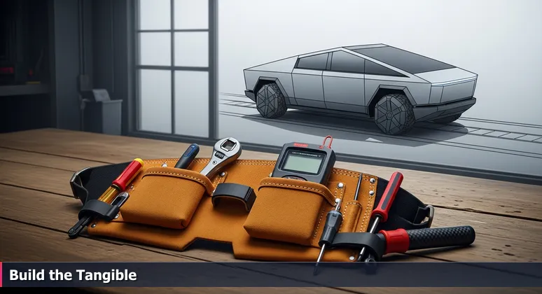 A weathered leather tool belt with precision tools on a workbench, with a Tesla Cybertruck assembly line in the background