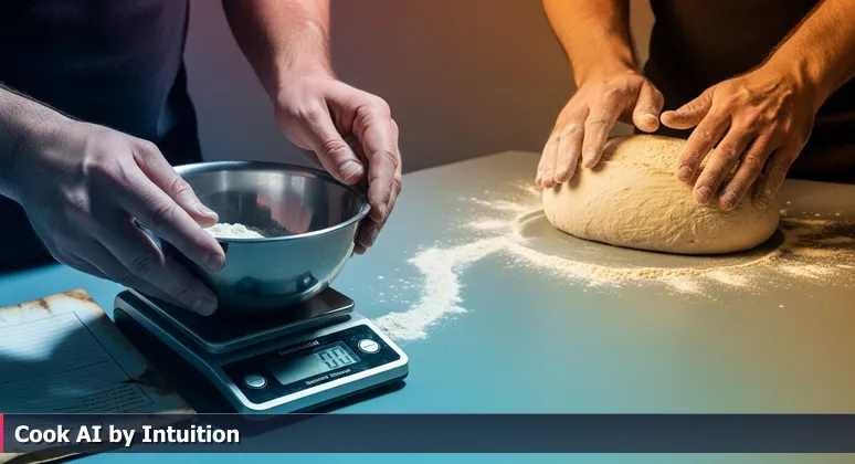 Close-up of hands meticulously measuring flour and water with a recipe card, contrasted with blurry hands shaping sourdough dough intuitively, symbolizing the journey from rigid AI learning to confident engineering mastery.
