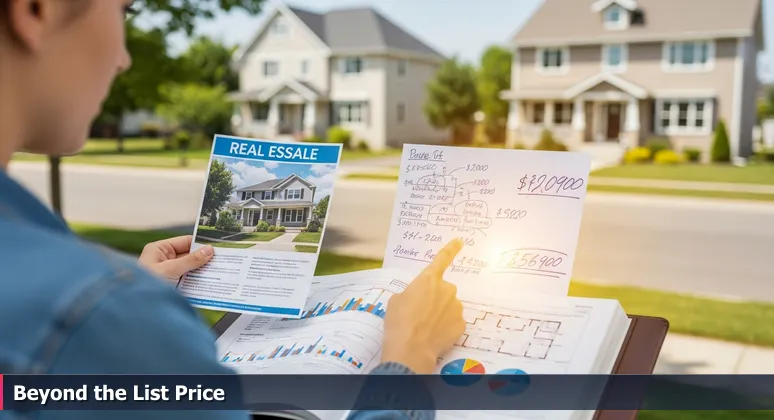 A hand holds a Fremont real estate listing with a house price, while another hand points to a scribbled 'True Cost' sheet illustrating hidden salary factors like equity and taxes.