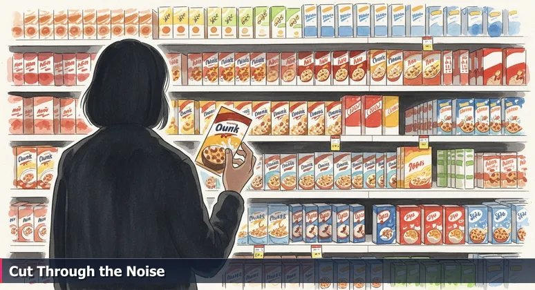 A person frozen in a grocery aisle, overwhelmed by shelves of identical cereal boxes, representing the challenge of picking an AI bootcamp in Fremont.