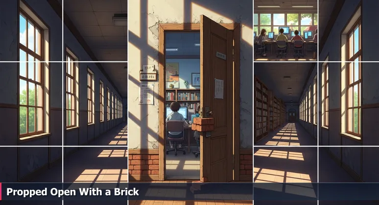 A sunlit hallway in a Fremont library with a wooden door propped open by a brick, revealing a tech lab where residents learn coding and digital skills.