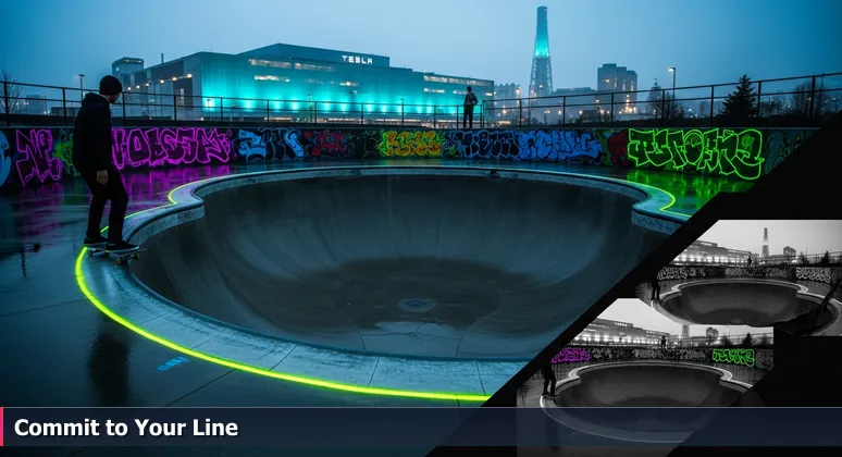 A skateboarder poised at dawn on the edge of a concrete bowl with graffiti walls, Fremont's Tesla factory glowing in the background, symbolizing tech career choices.