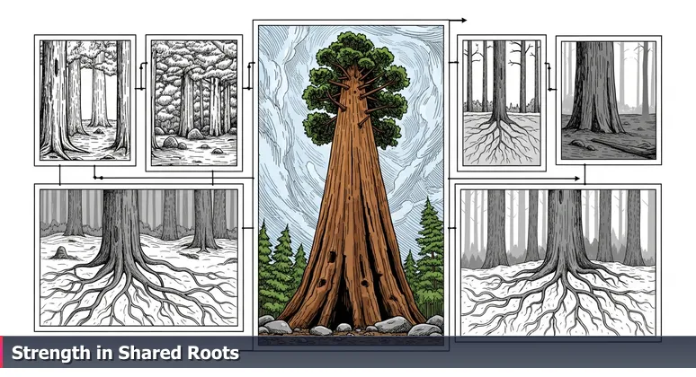 A majestic redwood tree in a California forest with glowing roots visible beneath the soil, symbolizing interconnected support networks for women in tech in Fremont.