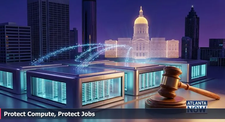 Aerial view of Atlanta skyline with data center icons and a red legislative gavel overlay indicating policy pressure.