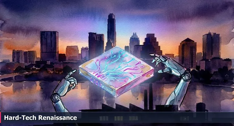 Downtown Austin skyline with overlays of photonic chips, robotic arms, and suburban factory silhouettes representing AI and manufacturing growth