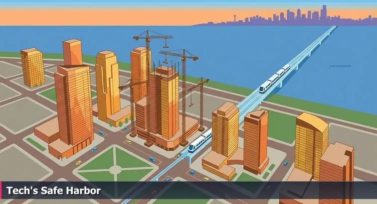 Downtown Bellevue skyline with new office towers, light rail bridge in the distance, and a stylized overlay showing rising construction cranes and a caution sign