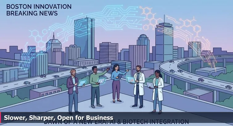 Boston skyline with lab buildings and AI circuitry overlay, engineers reviewing data in foreground