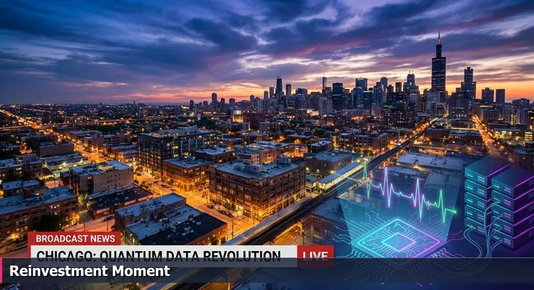 Chicago skyline with icons for quantum chip, AI diagnostics, data center racks, and a downward VC funding arrow