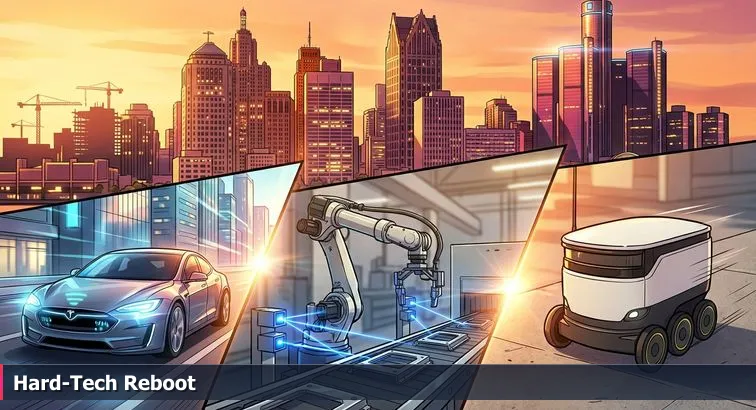 Detroit skyline at dusk with construction cranes, data-center lights, an autonomous vehicle, and factory robotics superimposed to represent AI, autonomy, and Industry 4.0.