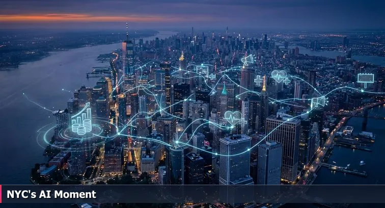 Aerial view of Manhattan skyline at dusk with AI-themed digital lines and icons overlaid, symbolizing tech investment and regulatory pressure