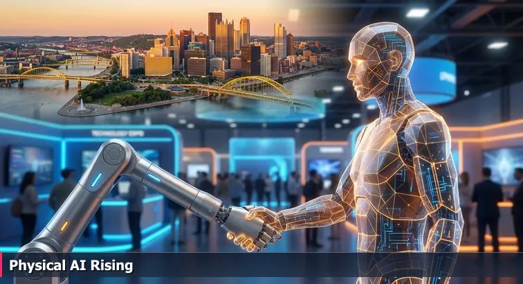 Pittsburgh skyline with university domes, a robotic arm in foreground, CES-style crowd and overlayed dollar symbols representing venture capital activity.