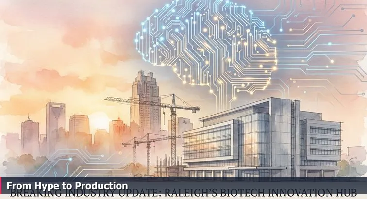 Downtown Raleigh skyline at sunrise with construction cranes, a lab facility, and abstract AI circuitry overlay representing jobs and innovation