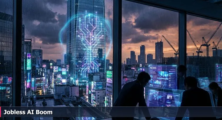 Downtown San Francisco skyline with cranes and an office tower emblazoned with AI, amid a foreground of empty desks and a 'For Lease' sign