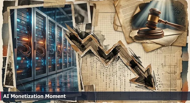 Collage showing data center servers, falling job chart, courthouse gavel, and rocket to represent AI capex, layoffs, legal battles, and IPO buzz