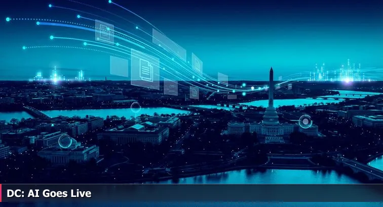 Aerial view of Washington, DC skyline with binary code overlay and icons for contracts, cybersecurity, and data centers