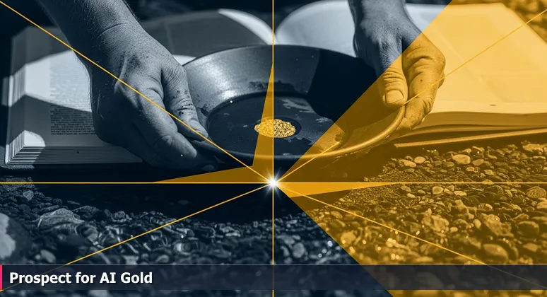 Weathered hands panning for gold in a Sierra Nevada stream, with a fleck of gold visible, symbolizing the search for AI opportunities in Reno.