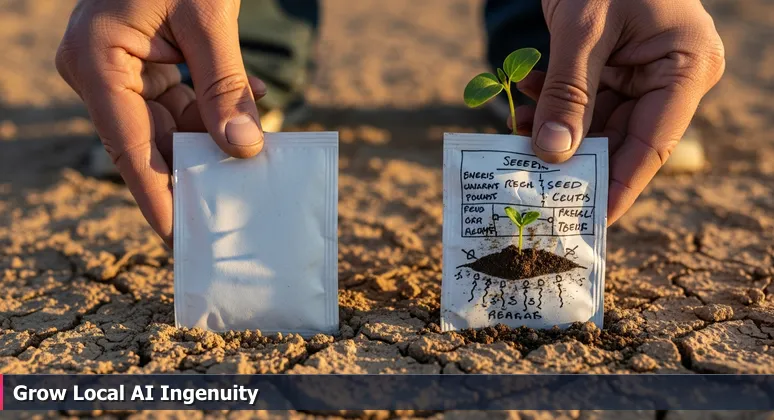 Close-up of annotated and pristine seed packets on cracked Nevada desert soil, with a green sprout emerging only from the annotated packet, symbolizing tailored AI skill development for Reno.