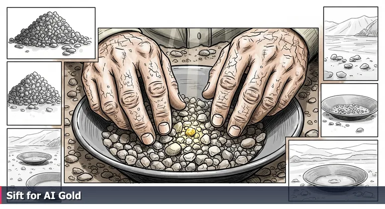 Weathered prospector's hands sifting through gravel to reveal a gold nugget, symbolizing the search for top AI startups in Reno, NV's booming tech scene.