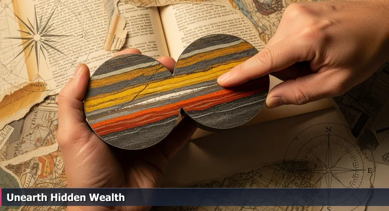 Geologist's hands holding a split core sample from Nevada desert, showing layered strata with a shiny vein, symbolizing hidden AI compensation value.