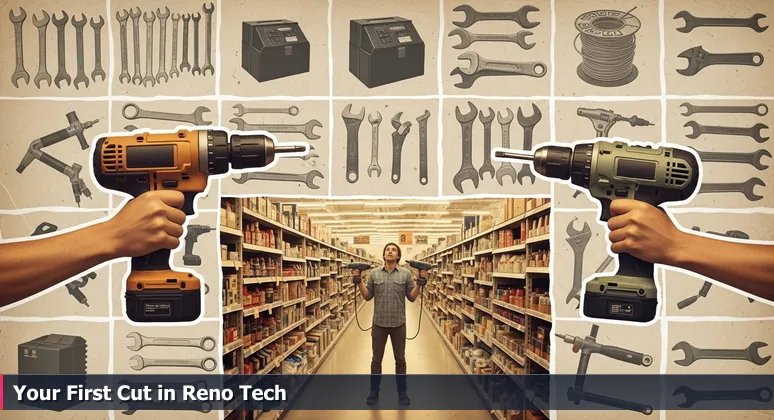 A young person looking confused in a hardware store aisle surrounded by various tools, symbolizing the overwhelm of choosing a tech career path in Reno.