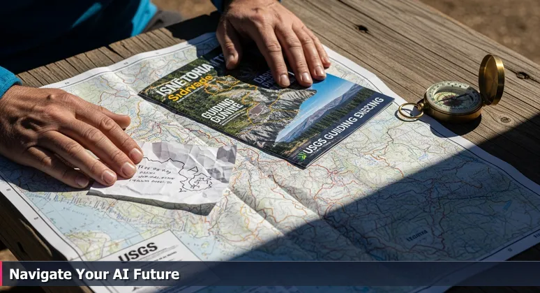 Close-up of hiker's hands at a Sierra Nevada trailhead with overlapping topographic, brochure, and hand-sketched maps and a compass, symbolizing bootcamp choice.