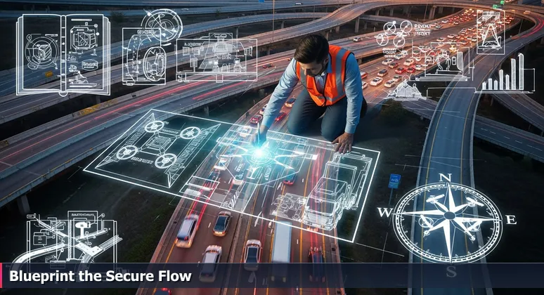 A traffic engineer at dusk sketching futuristic lanes on an old highway interchange, symbolizing cybersecurity architects redesigning Reno's digital infrastructure for 2026.