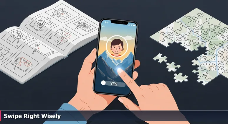 A hand holding a smartphone showing a dating app profile with a mountain backdrop, finger poised to swipe right, reflecting the user's thoughtful expression.