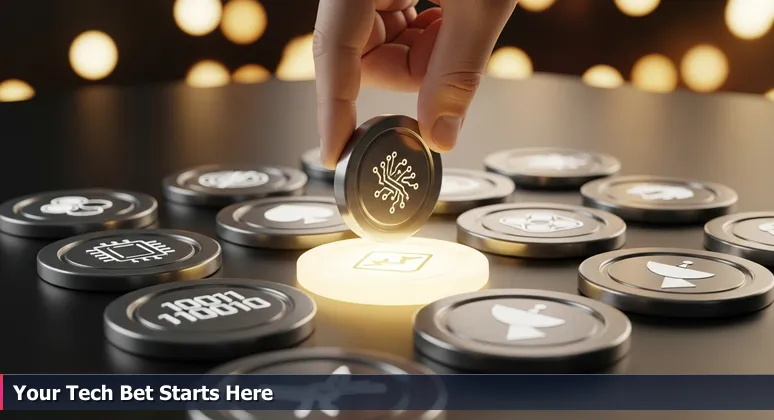 A Reno casino roulette wheel with slots labeled with tech terms like Python and AI, a hand placing a chip on 'Tech Guru Help' for free training.