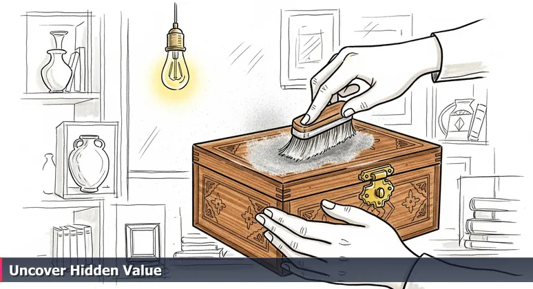 Close-up of hands brushing dust off a wooden box to reveal hidden intricate patterns and a brass latch in an antique shop, symbolizing overlooked AI career opportunities in Reno.