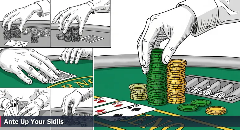 Close-up of hands on a green poker table in Reno, one pushing chips forward, symbolizing skill-based career moves in tech without a degree.