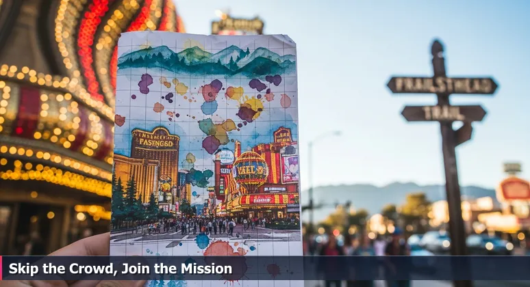 A hand holding a crumpled Reno tourism pamphlet with blurred casino lights and a clear hiking trail sign in the background, symbolizing the choice between crowded job boards and authentic startup opportunities.