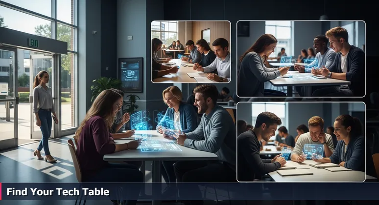 A woman standing in a modern university cafeteria, scanning the room for a table to join, representing the search for women in tech communities in Reno, NV.