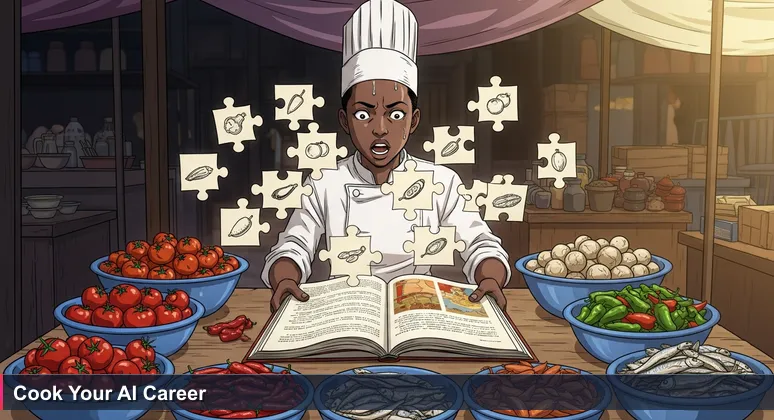 A cook in a vibrant Lagos market looks confused between a foreign cookbook and local ingredients, symbolizing the journey to mastering an AI career in Nigeria.