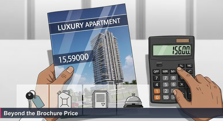 A hand holding a Lagos apartment brochure with a '₦10M/YR' price tag, while another hand taps a calculator revealing hidden costs like agent fee and caution fee.