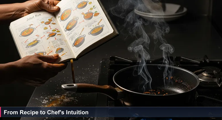 Hands holding a splattered notebook with a jollof rice recipe, a burnt pot on a stove in foreground, symbolizing AI engineering challenges in Nigeria.