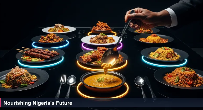 A judge's hand holding a spoon over a bowl of egusi soup at a cooking competition, symbolizing the high-stakes evaluation of Nigeria's AI startups.