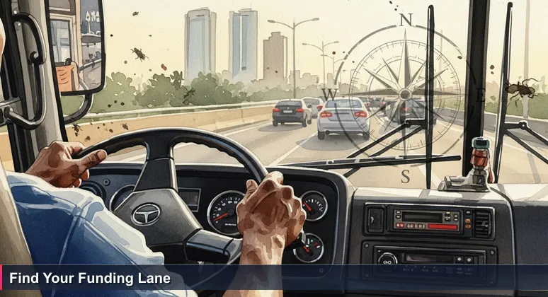 Close-up of a Lagos Danfo bus dashboard with driver's weathered hands on the wheel, stuck in traffic on Third Mainland Bridge, Yaba tech hubs visible through the windshield.