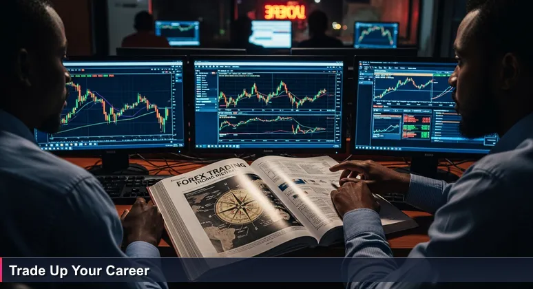 Two professionals in a Lagos cyber café, one actively analyzing AI salary charts on a glowing screen, symbolizing strategic career moves.