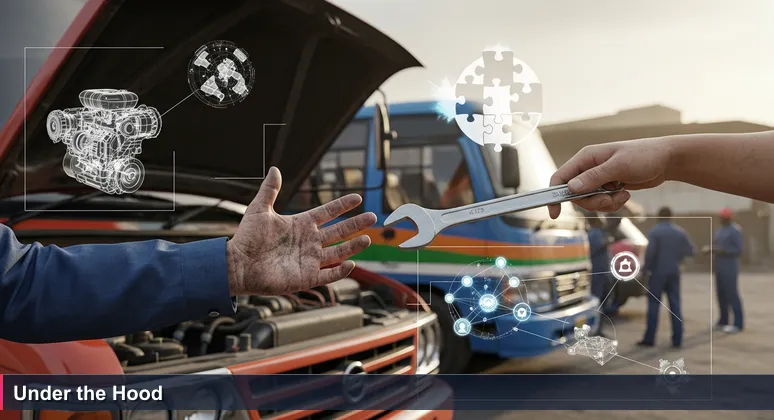Two hands exchanging a wrench under the hood of a danfo bus in Lagos, symbolizing collaborative learning in AI meetups and communities across Nigeria.