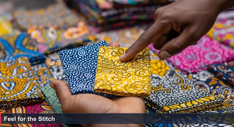 A vendor's hand at Balogun Market, Lagos, pointing to superior stitch patterns on vibrant Ankara fabric, symbolizing discerning choice in Nigeria's AI career landscape.